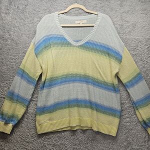 Loft Womens White Yellow Stripe Sweater Colorful Knit Size XLP Spring Happy